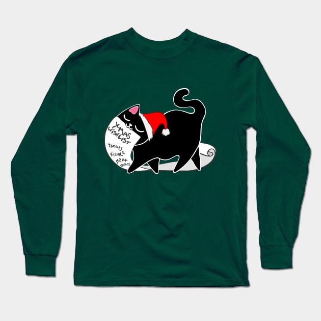 Christmas Cat with LONG Wishlist santa hat black kitty xmas list Long Sleeve T-Shirt by xenotransplant